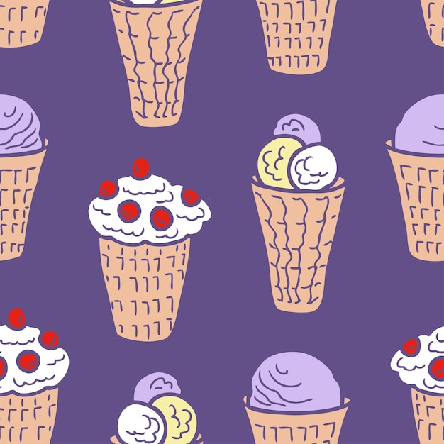 Fondo sin costuras de tazas de gofres abstractas con helado y bayas