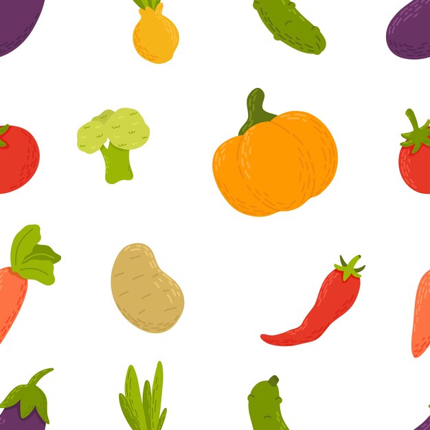 Fondo sin costuras con verduras dibujadas a mano repollo plano tomates cebolla zanahoria