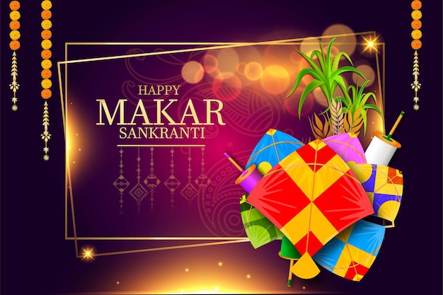 Fondo creativo feliz del festival makar sankranti decorado con cuerda de cometas para el festival de ind