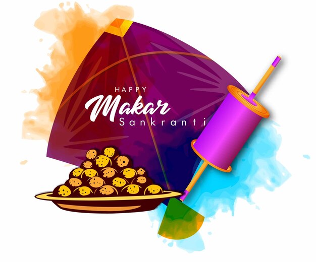 Vector fondo creativo feliz del festival makar sankranti decorado con cuerda de cometas para el festival de ind