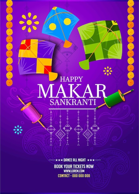 Fondo creativo feliz del festival makar sankranti decorado con cuerda de cometas para el festival de ind