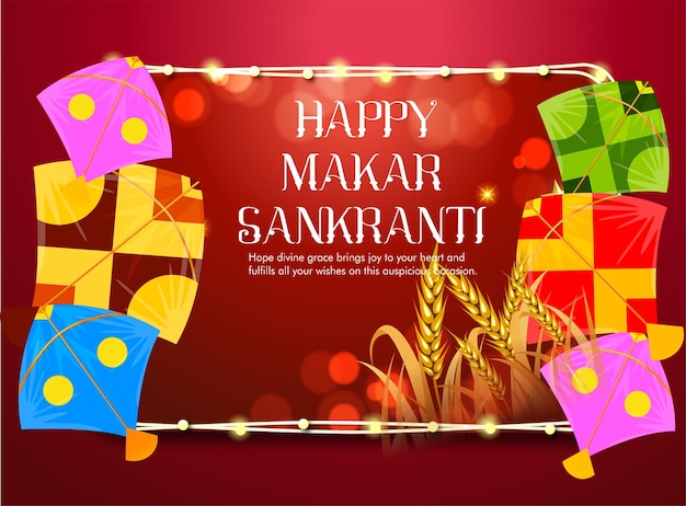 Fondo creativo del festival Happy Makar Sankranti decorado con cometas, hilo para el festival India