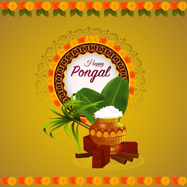 Fondo creativo para pongal feliz con olla de barro creativa y caña de azúcar