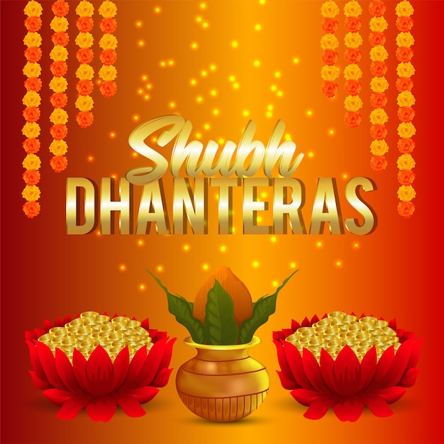 Vector fondo creativo de shubh dhanteras y lotus con moneda de oro y kalash