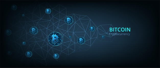 Fondo de criptomoneda Bitcoin moneda sobre fondo poligonal