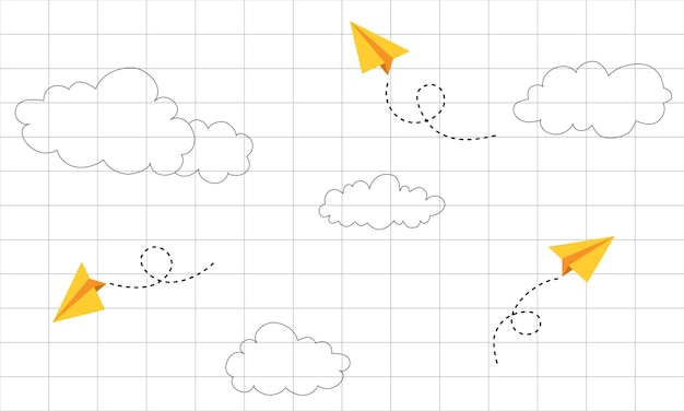 Fondo del cuaderno escolar 3D aviones de papel amarillo voladores aviones de dibujos animados vectoriales para niños en el aire