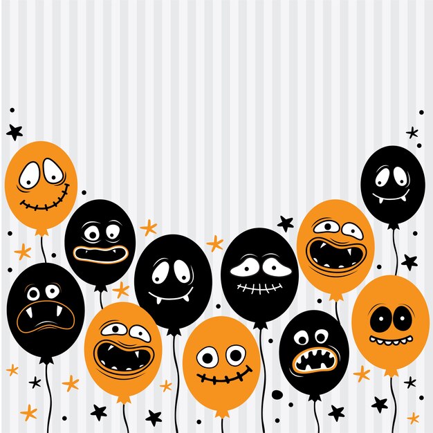 Fondo cuadrado de feliz halloween. globos con caras, mandíbulas, dientes y bocas abiertas espeluznantes. personaje de dibujos animados fantasma, monstruo. lugar para el texto. dibujado a mano