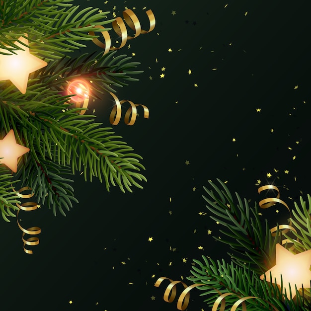 Fondo cuadrado de Navidad con ramas de abeto, estrellas brillantes, serpentinas doradas y bombillas luminosas. Telón de fondo gris oscuro con copyspace.