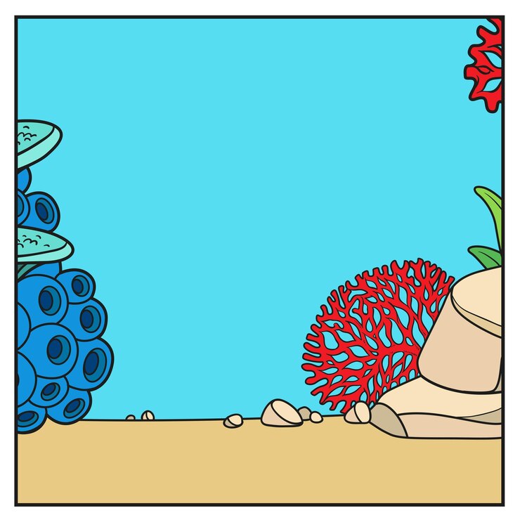 Vector fondo cuadrado simple del mundo submarino con las piedras corales y esponjas variación de color para colorear página