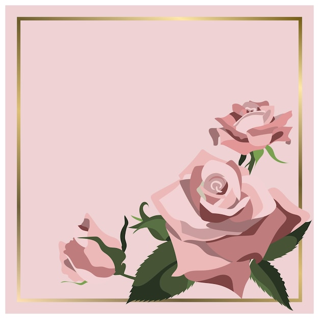 Fondo cuadrado vectorial con rosas florecientes y marco dorado