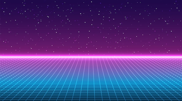 Fondo de cuadrícula de neón futurista retro Cuadrícula de perspectiva