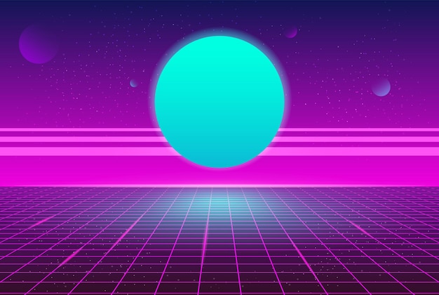 Fondo de cuadrícula de neón de planeta azul retro de onda sintética Fondo de estilo de fiesta futurista de los años 80