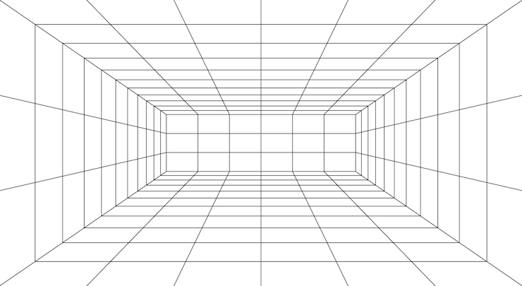 Vector el fondo de la cuadrícula de perspectiva es una sala de cajas digitales futuristas vacías.