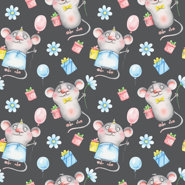 Fondo de cumpleaños Patrón sin costuras con regalos de globos de ratones Personajes de dibujos animados lindos Ilustración de acuarela