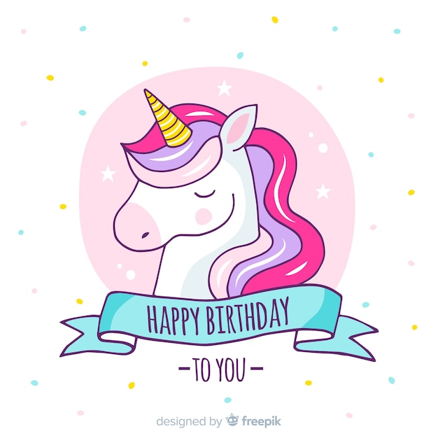 Fondo cumpleaños unicornio dibujado a mano