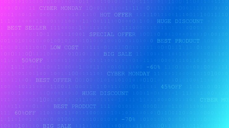 Vector fondo de cyber monday de ceros, unos e inscripciones en colores violeta y azul