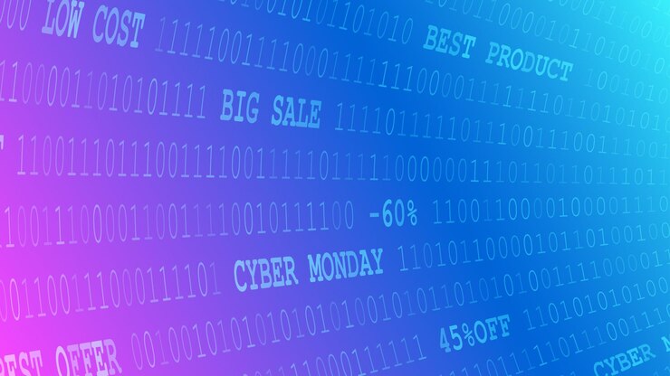 Vector fondo de cyber monday de ceros, unos e inscripciones en colores violeta y azul