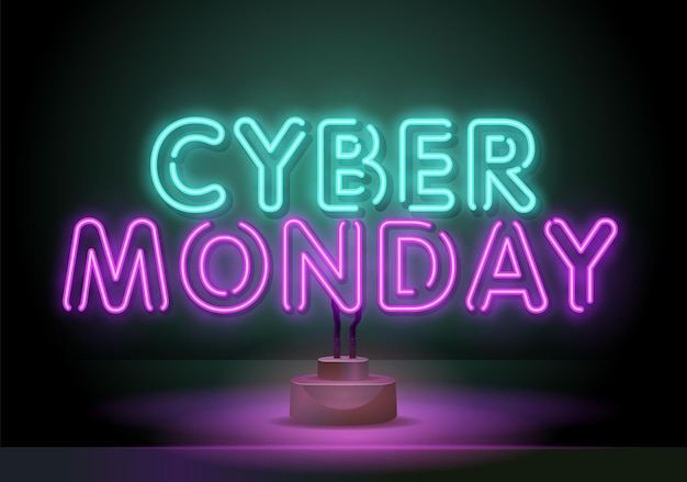 Fondo de cyber monday letrero de neón ilustración vectorial fondo brillante contrastante cartel luz de neón ...