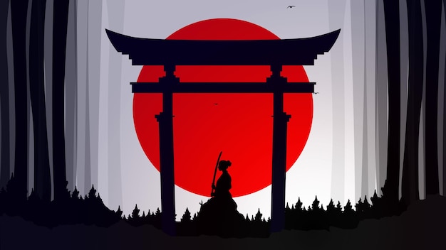 Vector fondo de dama samurái. fondo de pantalla samurái. fondo del tema de japón. fondo de pantalla de fantasía de paisaje.