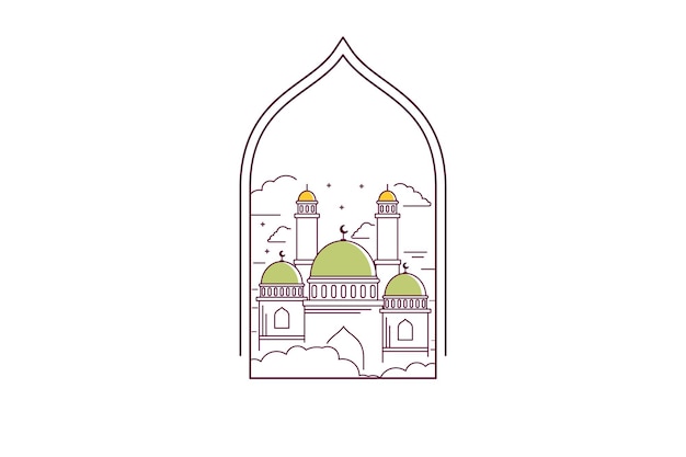 Fondo de decoración islámica con mezquita y ventanas en diseño de estilo de línea de fondo blanco