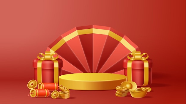 Fondo de decoración de podio de exhibición de año nuevo chino con adorno chino ilustración 3d vectorial