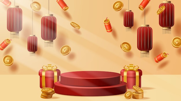 Fondo de decoración de podio de exhibición de año nuevo chino con adorno chino Ilustración 3D vectorial