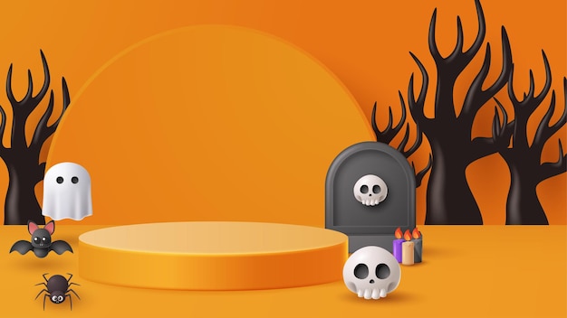 Fondo de decoración de podio de exhibición de Halloween con adorno de miedo Ilustración 3D vectorial