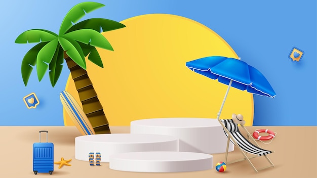 Fondo de decoración de podio de exhibición de verano con adorno de playa ilustración 3d vectorial