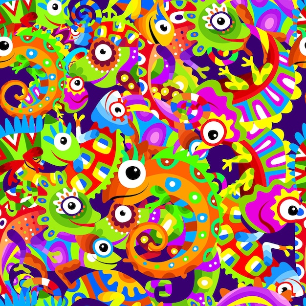 Fondo decorativo sin costuras de color con patrón de camaleón con animales camaleón