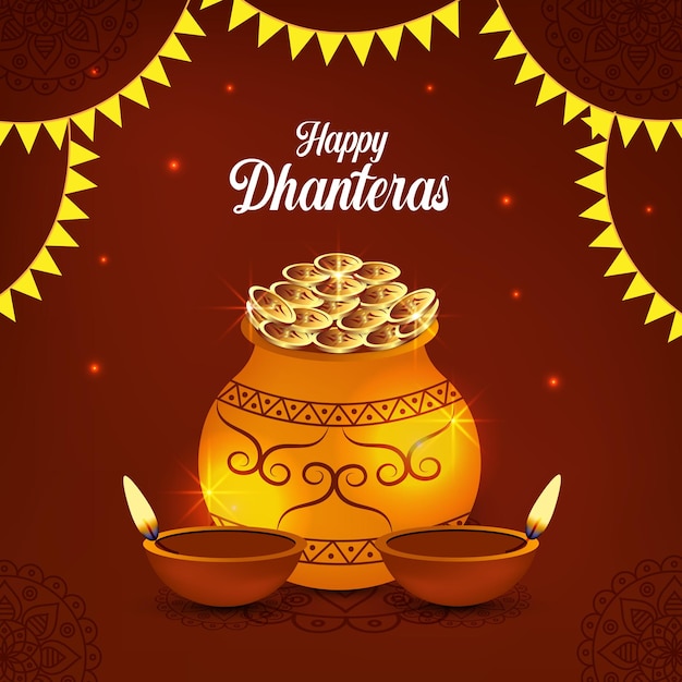 Fondo decorativo feliz dhanteras marrón con kalash y diya