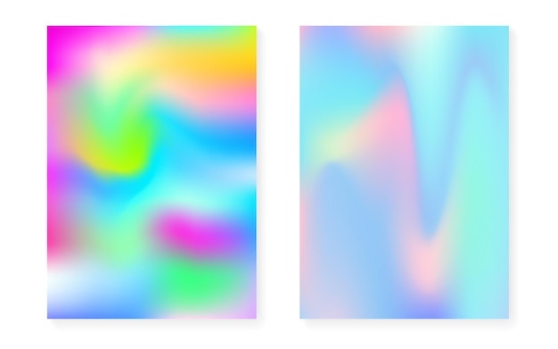 Fondo degradado de holograma con cubierta holográfica. Estilo retro de los años 90 y 80. Plantilla gráfica nacarada para carteles, presentaciones, pancartas, folletos. Gradiente de holograma mínimo de espectro.