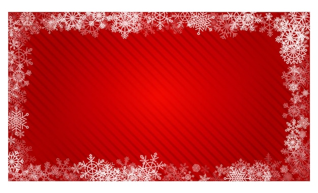 Fondo degradado rojo brillante con copos de nieve para tarjetas de felicitación para Navidad y año nuevo. Marco de hermosos copos de nieve tallados en blanco. Plantilla para texto. Borde con copyspace