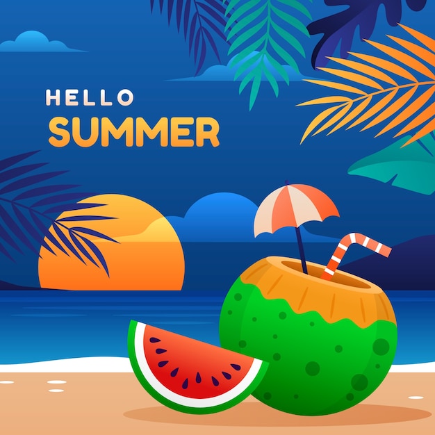 Vector fondo degradado de verano tropical con hojas y cóctel de coco