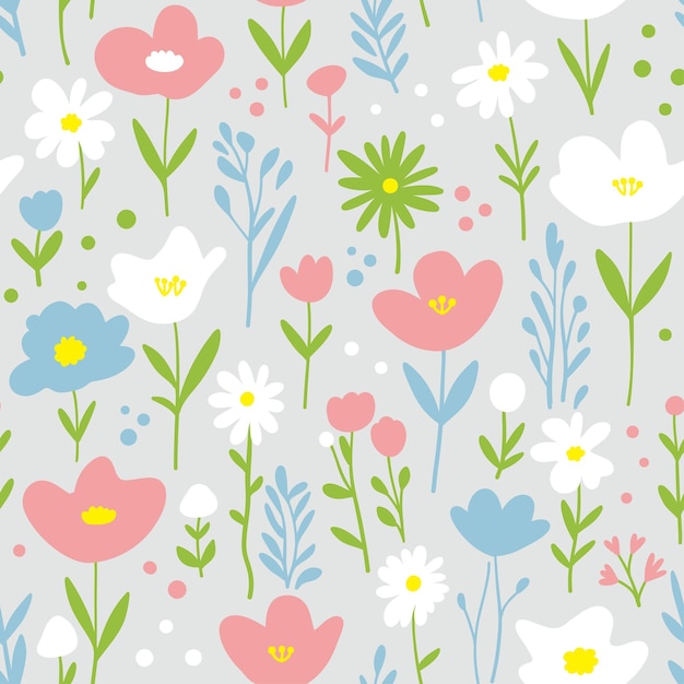 Fondo delicado con un prado de flores patrón sin costuras con ramas y hojas tulipanes y margaritas