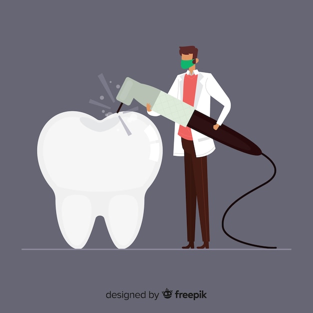 Vector fondo de dentista cuidando un diente en diseño plano