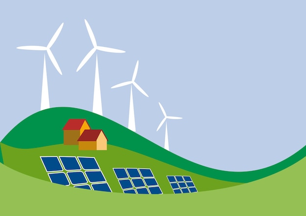 Fondo de desarrollo sostenible vectorial Casas en las colinas con paneles solares y turbinas eólicas