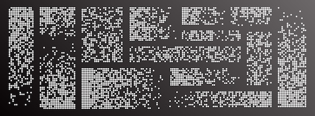 Fondo de descomposición de píxeles Patrón punteado disperso Efecto de descomposición Establezca texturas de mosaico de píxels con partículas redondas simples Ilustración vectorial en un fondo negro