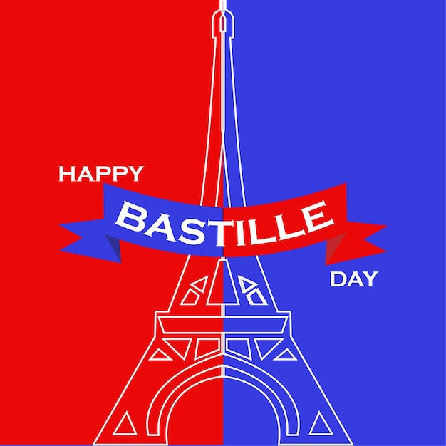 Fondo del día de la Bastilla de Francia con bandera y cartel de felicitación del vector del día de la Bastilla de la Torre Eiffel