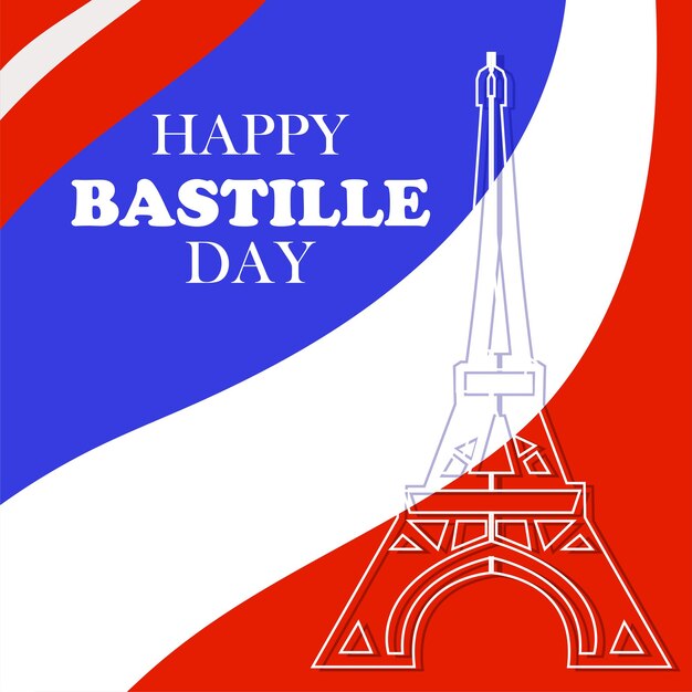 Fondo del día de la Bastilla de Francia con bandera y cartel de felicitación del vector del día de la Bastilla de la Torre Eiffel