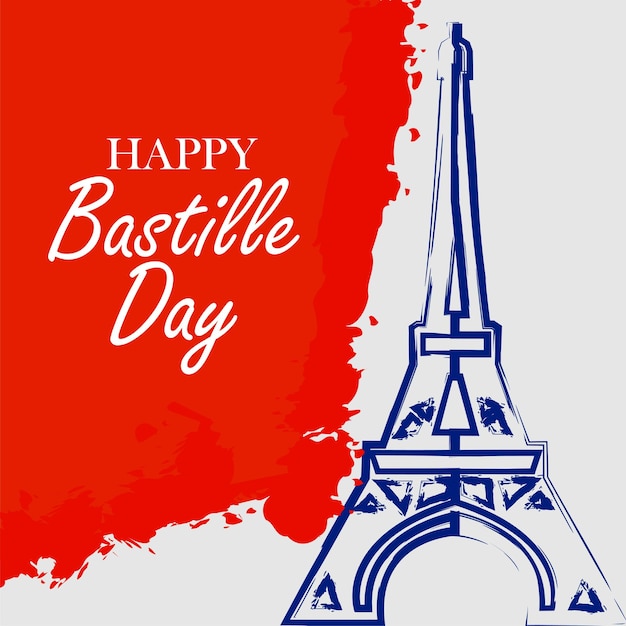 Fondo del día de la Bastilla de Francia con bandera y cartel de felicitación del vector del día de la Bastilla de la Torre Eiffel