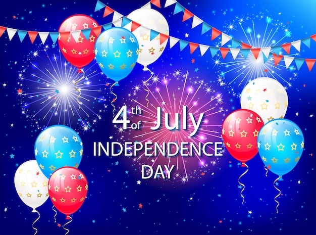 Fondo del día de la independencia con globos de colores y fuegos artificiales en el cielo nocturno EE. UU. Tema del día de la independencia 4 de julio ilustración