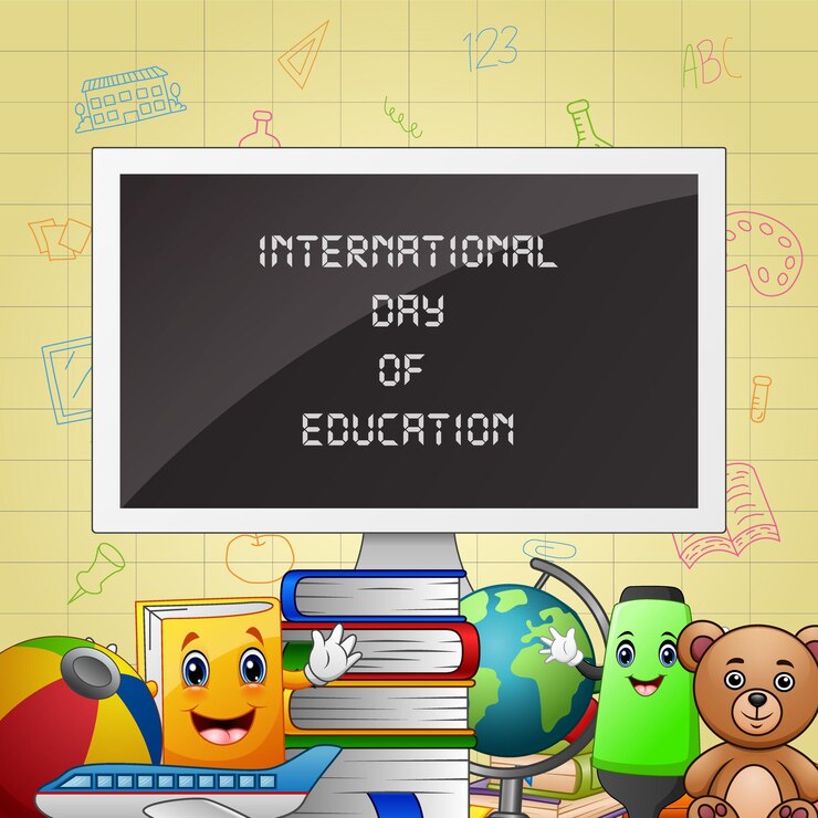 Vector fondo del día internacional de la educación con útiles escolares.