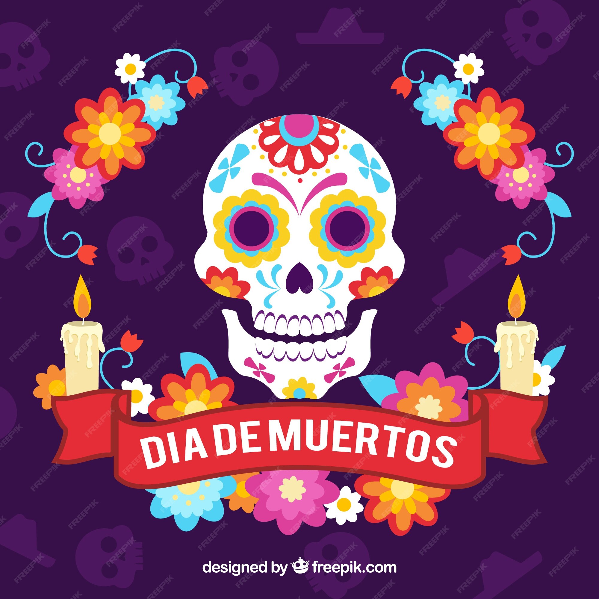 Fondo del día de muertos con calavera y velas decorativas | Vector Premium