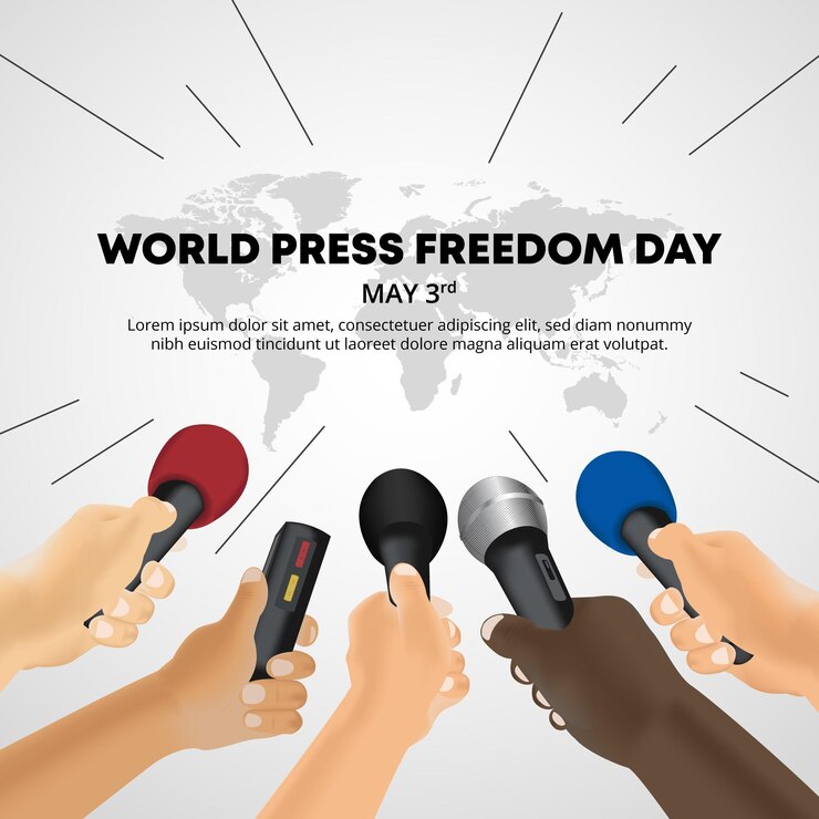 Vector fondo del día mundial de la libertad de prensa con manos de reporteros sosteniendo grabadora