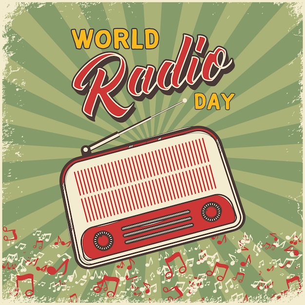 Fondo del día mundial de la radio en estilo vintage con texturas grunge e ilustración de radio