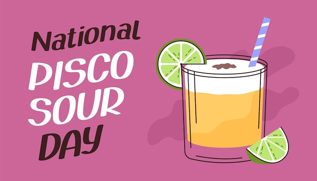 Fondo del Día Nacional del Pisco Azudo Pisco azudo copa de cóctel con limas pancarta de ilustración plana vectorial