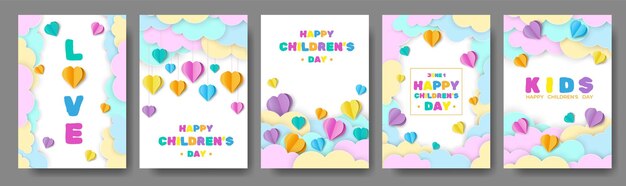 Fondo para el Día de los Niños con colorido corazón y nubes cortados en papel 3D y tipografía lúdica brillante