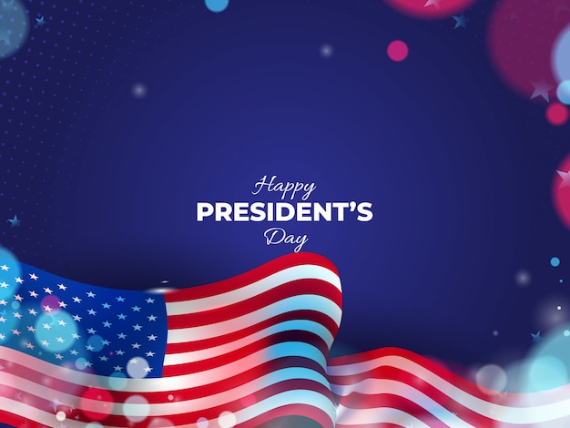Fondo del día del presidente de Estados Unidos con bandera ondulada y luces borrosas