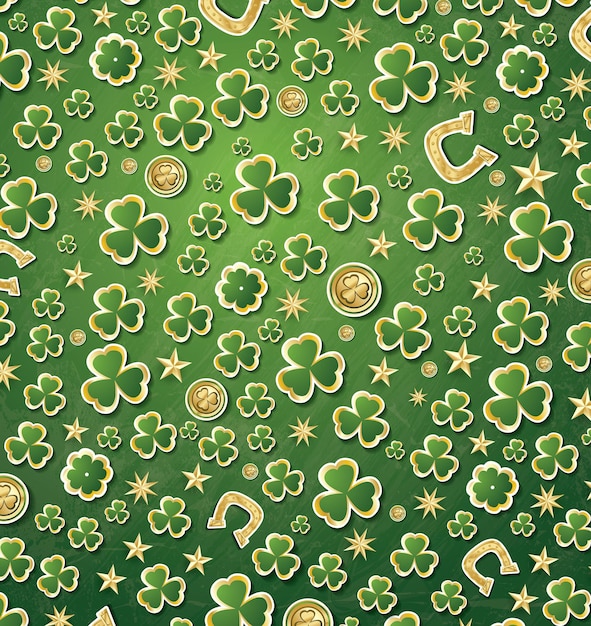 Fondo del día de San Patricio con trébol, monedas, estrellas doradas y herradura. Ilustración de vector.