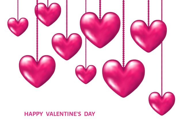 Fondo del día de san valentín con corazones 3d realistas rosas colgantes